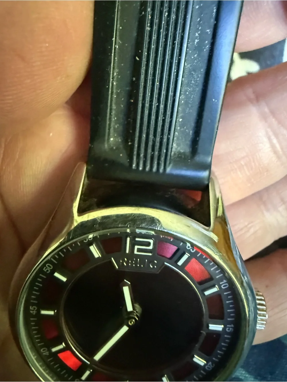 Relic Black Dial Watch with Red Accent Ring